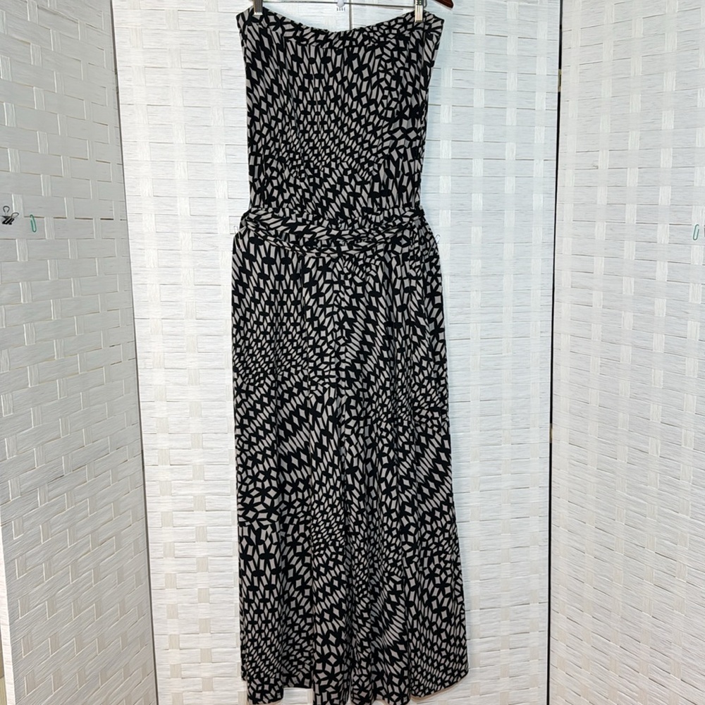 KBS Strapless Black & Beige Wide Leg Jumpsuit Elastic Waist with Belt Size XL